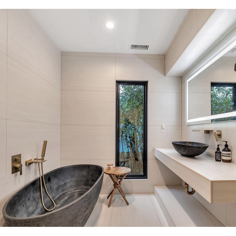 Vast Studio 74.8" x 39.8" Textured Black Concrete  Freestanding Oval Bathtub –  Black/Black Interior Deep Soaking Tub with Metallic Luxury Finish & Contemporary Spa-Inspired Design 