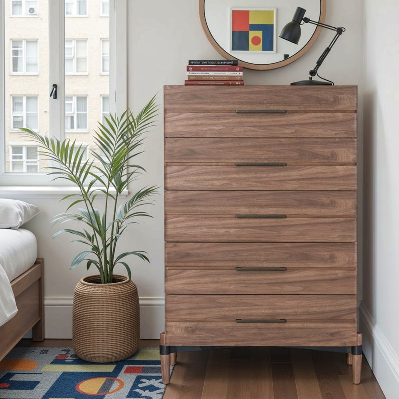 Commode à cinq tiroirs, aucun assemblage requis, finition noyer