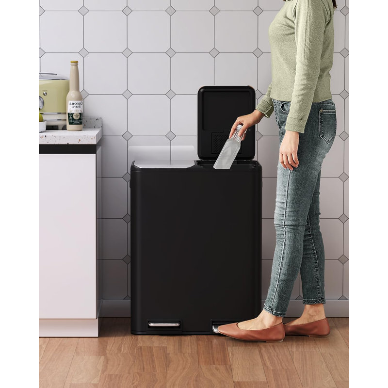 Stainless Steel Step On Multi-Compartment Rubbish & Recycling Bin - 60L, Matte Black
