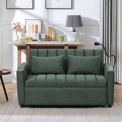 Canapé-lit convertible de 55,9 po avec trois ports USB, deux poches latérales, deux porte-gobelets et un support de téléphone pivotant à 360 ° pour le salon, vert