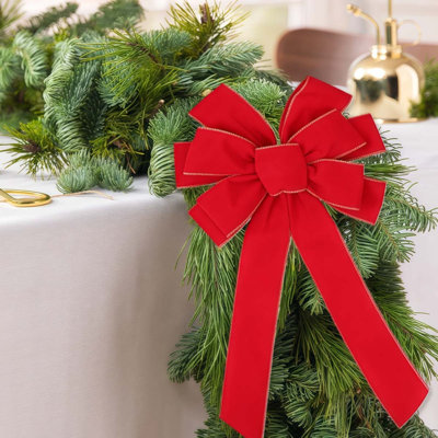 2 Pcs Large Christmas Bow-19.68" x 10.6" Christmas Golden Edged Red Velvet Bow-Christmas Tree Topper Ornament Bow for Xmas Home Wreath Decoration