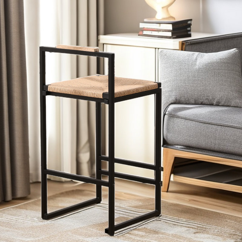 Set Of 2 Bar Stools With Woven Paper Rope Seat And Back