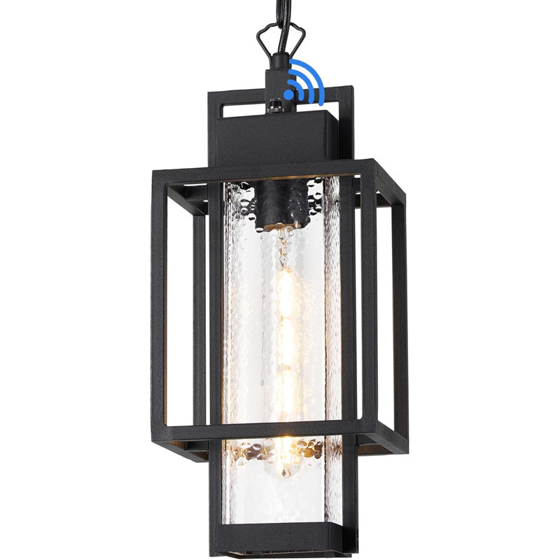 Dusk to Dawn Sensor Outdoor Pendant Light Sand Black Bubble Glass Adjustable Chain Porch Lamp