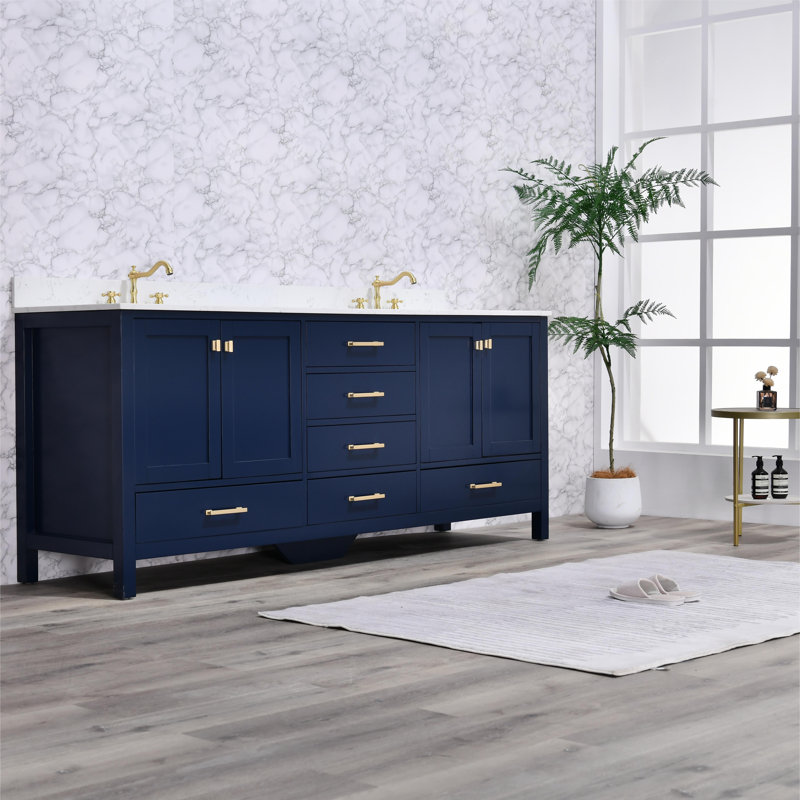 Cholena 84 Inch Bathroom Vanity With Double Sinks, Blue, Brushed Gold