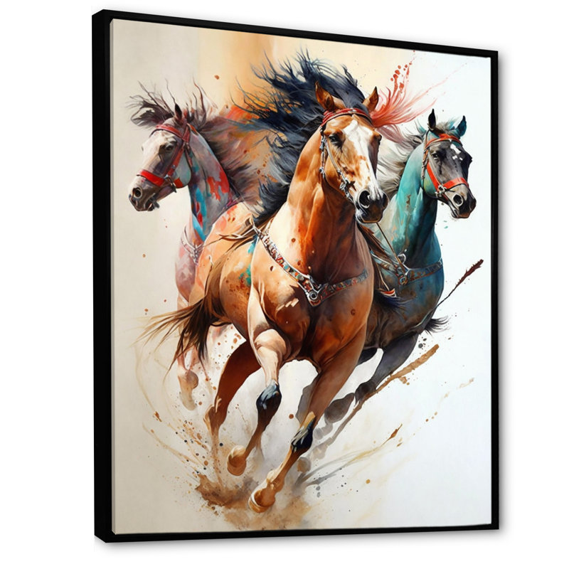 Troupeau de chevaux qui courent III - reproduction sur toile, H 32 po x l 16 po x P 1 po, Toile avec cadre flottant noir