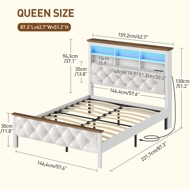 Farmhouse Upholstered Platform Queen Size Bed Frame with LED Lights and Charging Station, Walnut/White, Queen