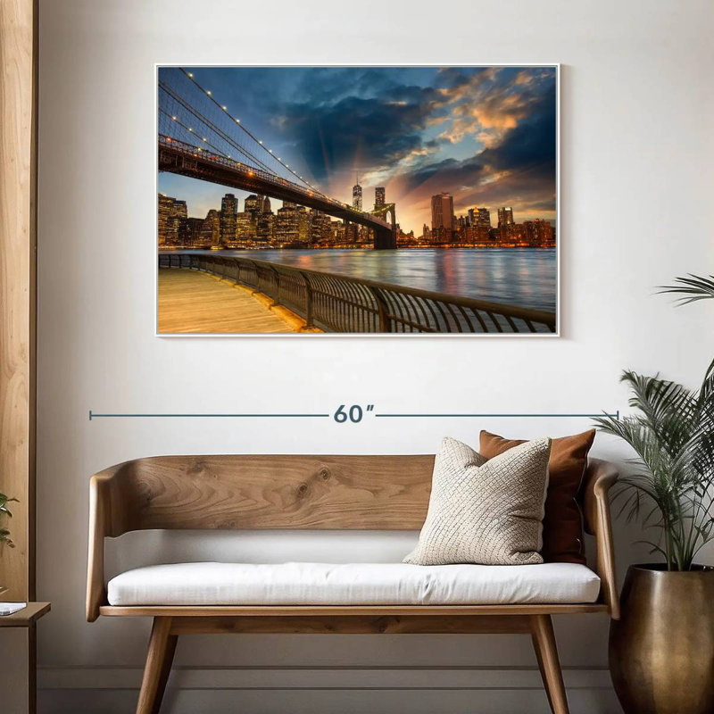 Soleil de Brooklyn Bridge, Cadre flottant blanc, 46 po x 31 po