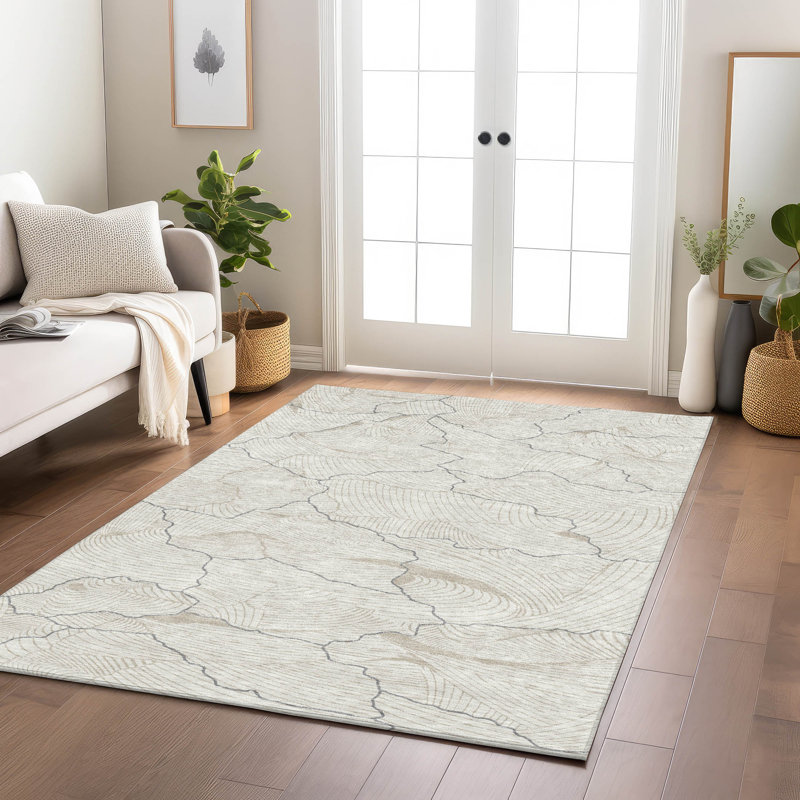 Ivory Synthetic Washable Non-Slip Rectangular Area Rug