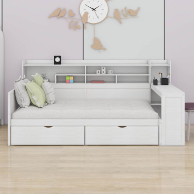 Lit de jour simple en bois avec tablettes, lit multifonctionnel avec 2 tiroirs de rangement et bureau d'étude, lit de jour en bois avec support à lattes