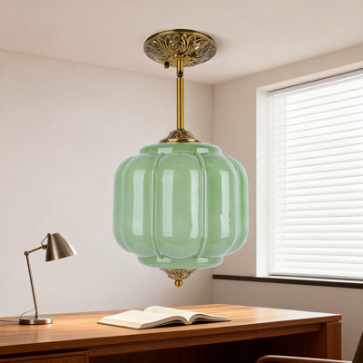 Vintage Green Milk Glass Pendant Light With LED Bulb, Antique Brass Chandelier Fixture For Kitchen Island, Dining Room, Hallway, And Bedroom