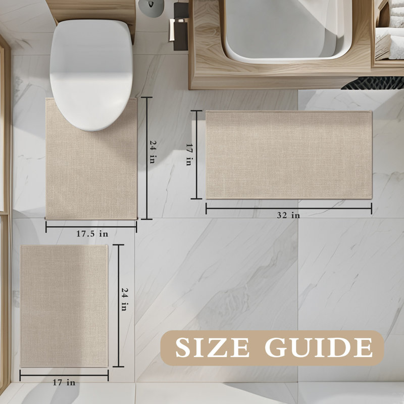Ensemble de 3 tapis de bain d'aspect lin avec envers antidérapant, Beige