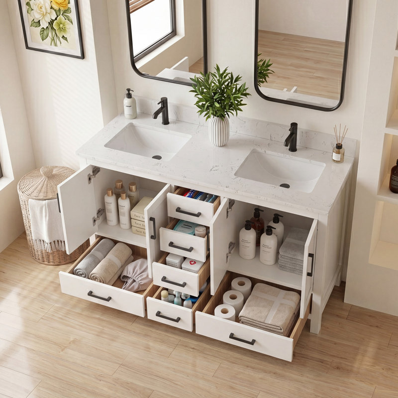 Meuble-lavabo de 60 po de qualité supérieure avec lavabo double et trou pour robinet 60 po blanc entièrement assemblé