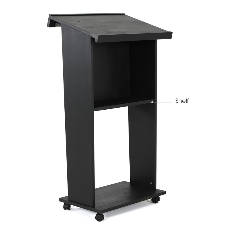 Black Lacquered Plywood Floor-Standing Podium with Shelf and Wheels