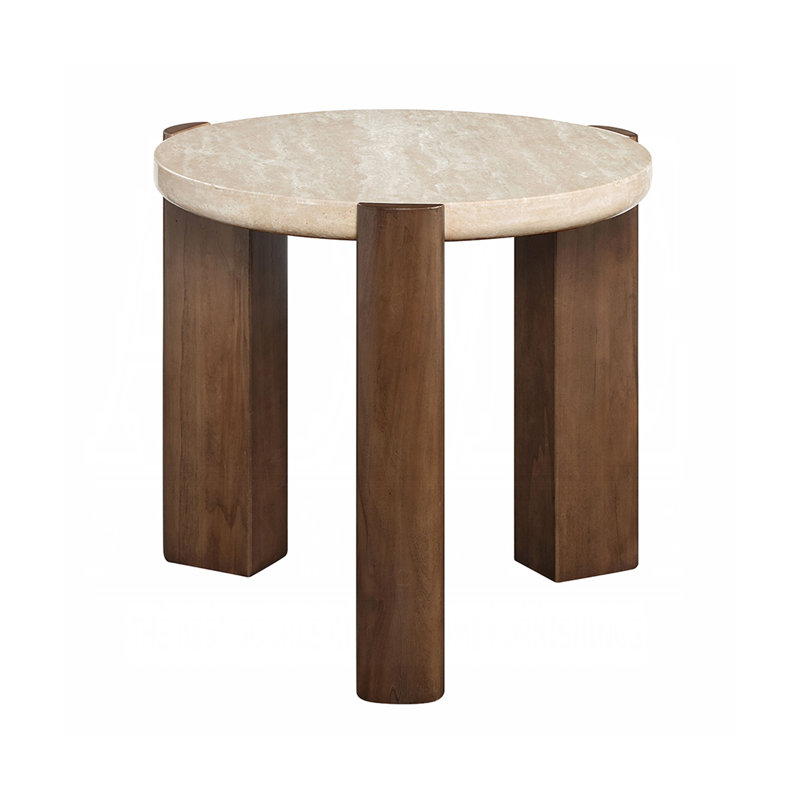 Table de bout ronde en pierre et bois Travertine en chêne foncé