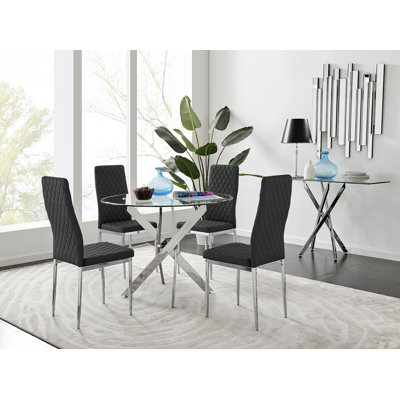Ensemble de table de salle à manger ronde en métal et verre Tierra avec 4 chaises de salle à manger rembourrées en similicuir