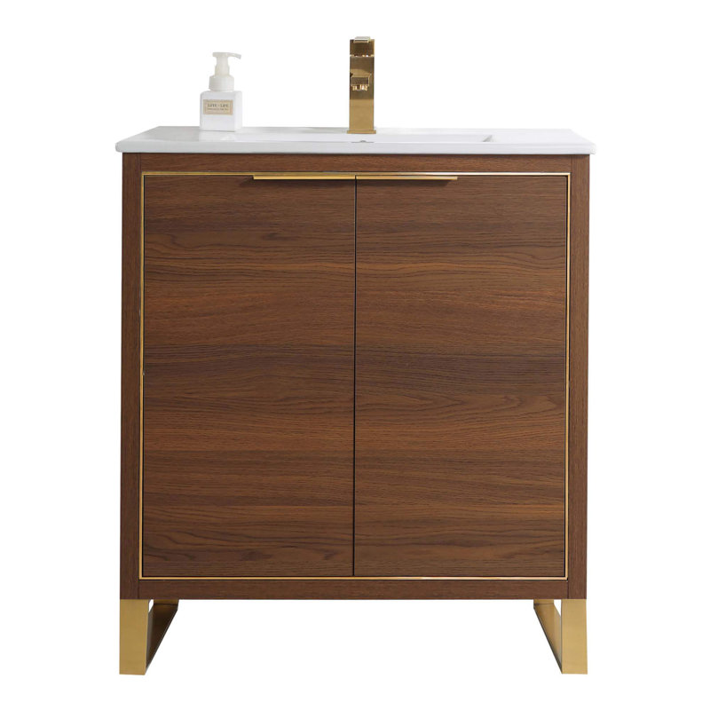 30'' Single Bathroom Vanity Set, Satin Brass, Walnut