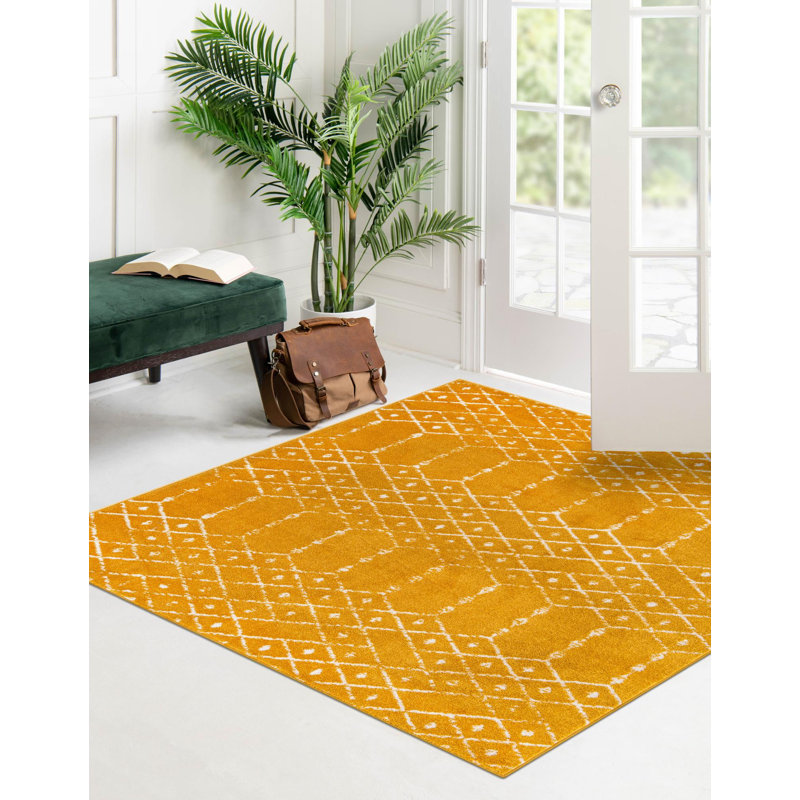 Tapis en polypropylène tissé à la machine à motif géométrique bleu Lazaro, Carré 7 pi 10 po