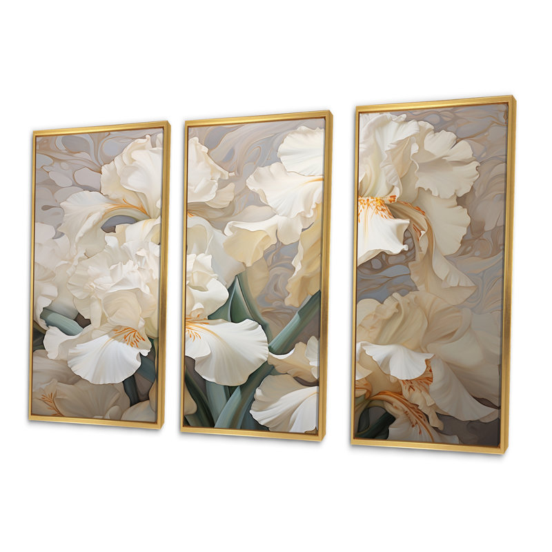 «Beige minimalisme Iris Radiant Petals», ensemble d'impressions d'art mural, Cadre flottant doré, H 28 po x l 36 po x P 1 po