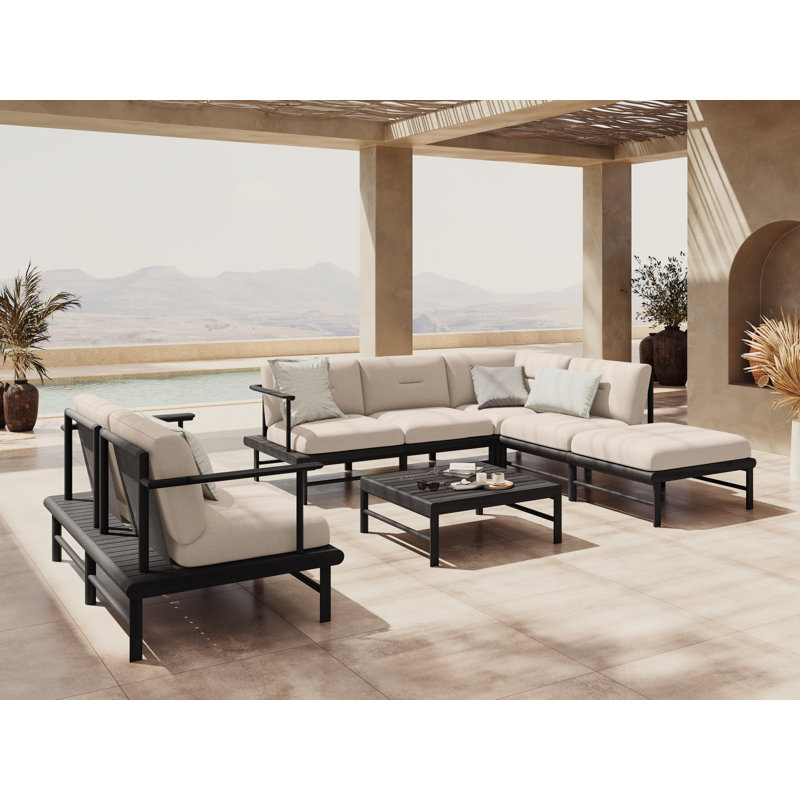 230cm Wide Ash Patio Sectional with Cushions, Light Beige, Right Hand Facing