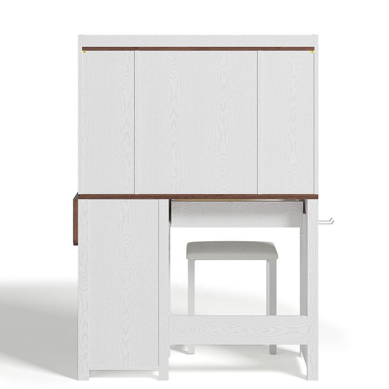 Modern Farmhouse Style Makeup Vanity Set With Mirror And Lights, Adjustable Brightness, Vanity Desk With Built-in Tempered Glass, Folding Panel, Power Outlet And Vanity Stool