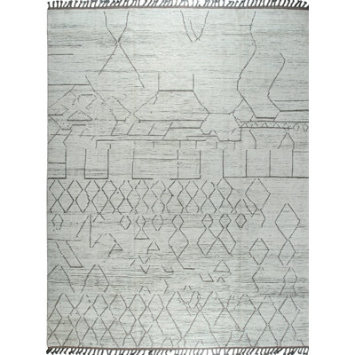 9x12 Ivory Hand-Knotted Wool Linear Diamond Grid Tribal Modern Contemporary Carpet Rug