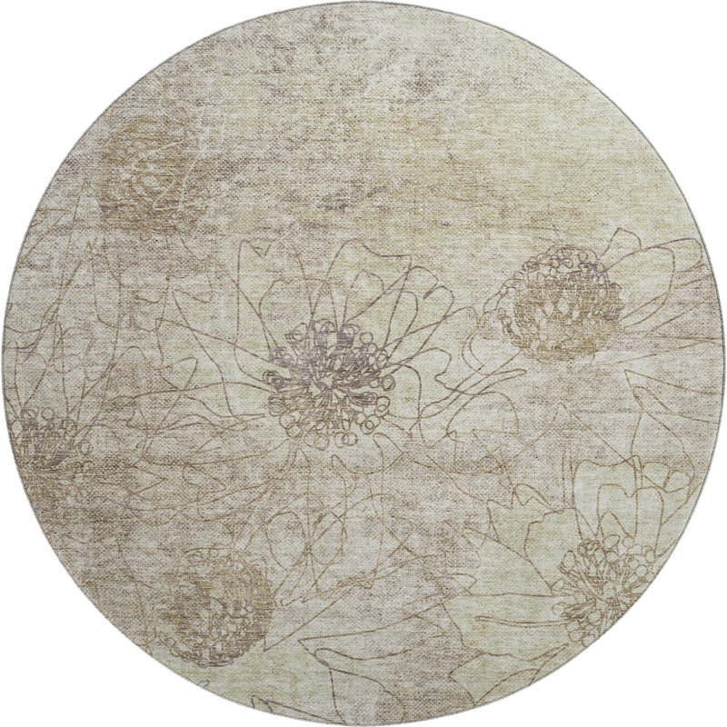 Premium Machine Washable Mayfield AMF2235 Floral Rug, 8' Round, Brown