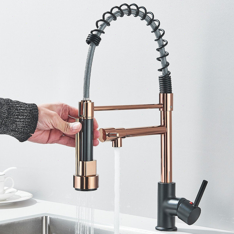 Robinet de cuisine à ressort commercial noir et rose Mosson avec douchette extractible et bec latéral