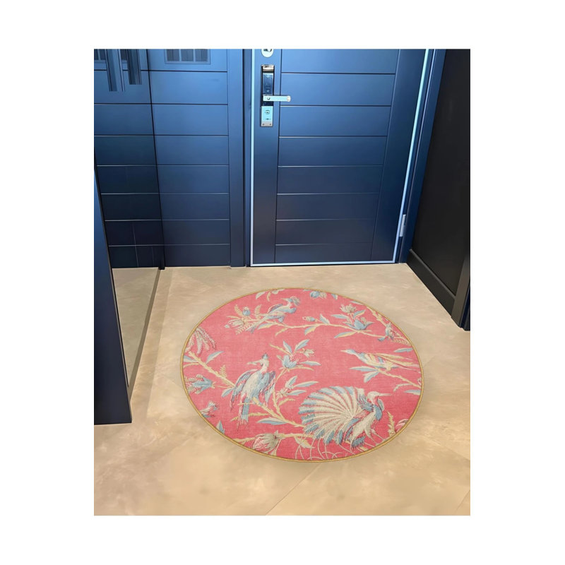 Pink Themed Tree Branch And Bird Patterned Round Woven Base Modern Decorative Carpet, Round 2'8"