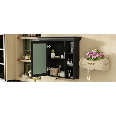 Armoire de rangement murale noire 35 po x 28 po avec porte miroir, armoire de salle de bain moderne avec miroir, armoire à pharmacie avec 6 tablettes ouvertes