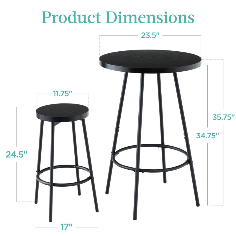 Black Modern Round Counter Height Pub Table Set with 2 Stools