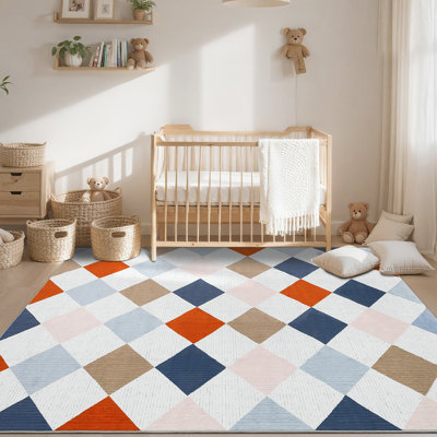 Diamond Machine Washable Area Rugs with Rubber Backing Non Slip Low Pile Stain Resistant Carpet for Living Room Bedroom Dining Room Playroom
