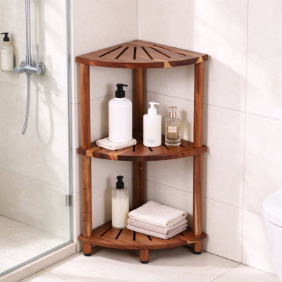Corner Shower Caddy Shelf with Acacia Wood, Tier Bathroom Organizer Stand for Shampoo and Soap, Fan-Shaped Space Saving Storage Rack