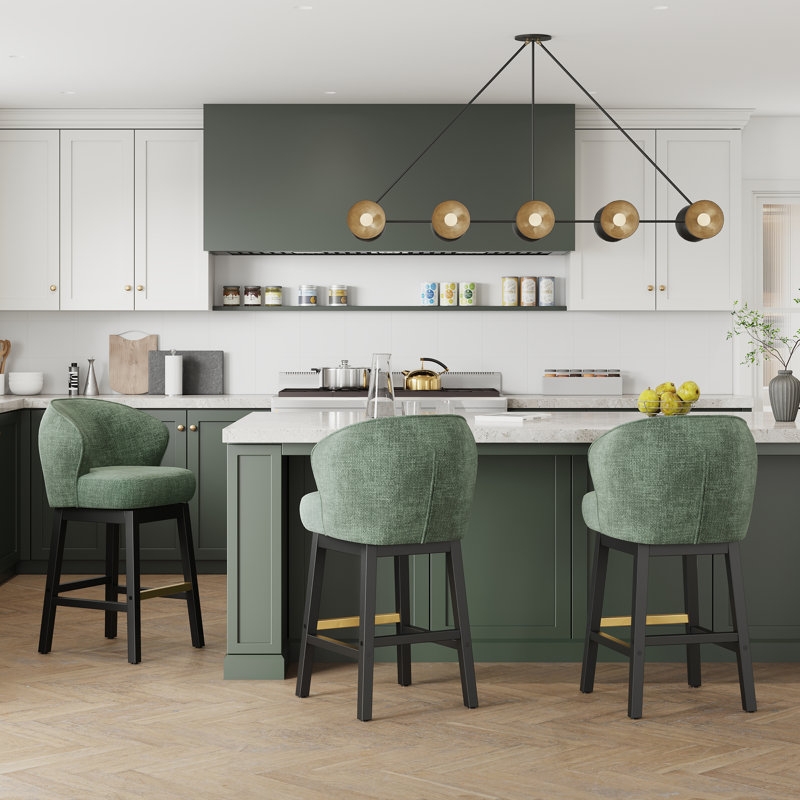 30.32" Swivel Bar Stool with Solid Rubberwood Frame and Metal Footrest, Green Seat/ Black Frame