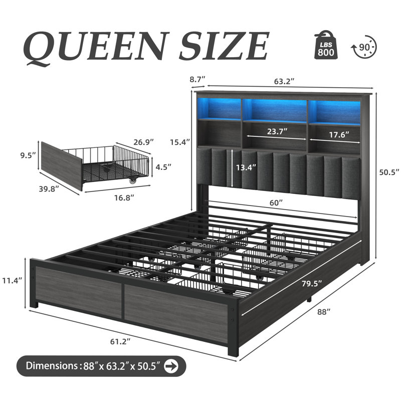 Bookcase Bed Frame, Upholstered Queen bed frame with Storage Headboard, 4 Drawers, Charging Station & RGB Lights, Rustic Grey, All-Metal, Noise Free, No Box Spring Needed