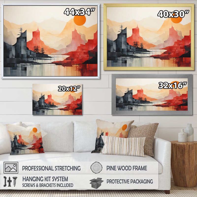 Jamariona, rouge, noir, paysage de montagne abstrait, Cadre simple noir, H 24 po x l 32 po x P 1 po