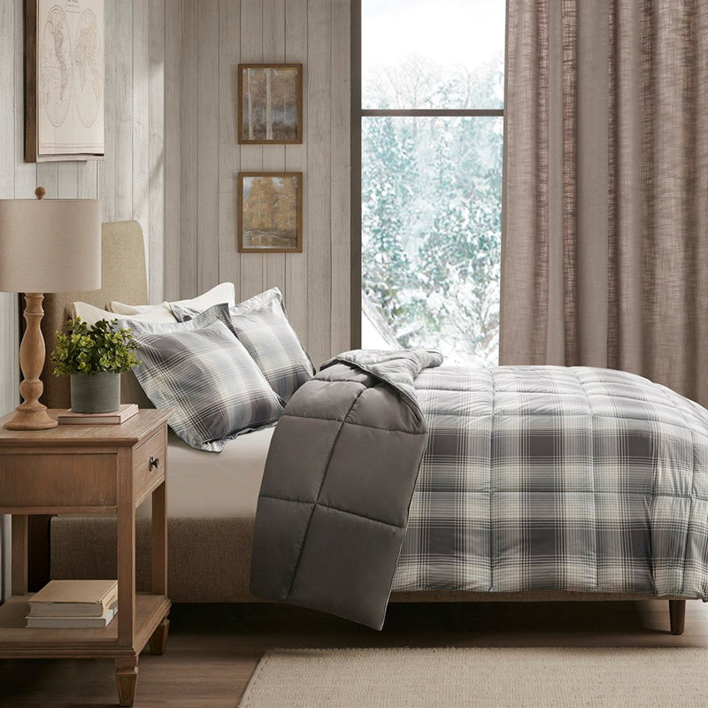 Full Comforter With Down Alternative - Fill Grey Plaid Printed And 2 Matching Shams Machine Washable Mini Filled