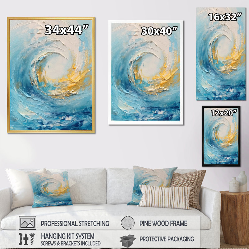 Tourbillons enchantés bleu bébé et or III - spirales abstraites, impressions sur toile, Cadre flottant doré, 20" H x 12" W