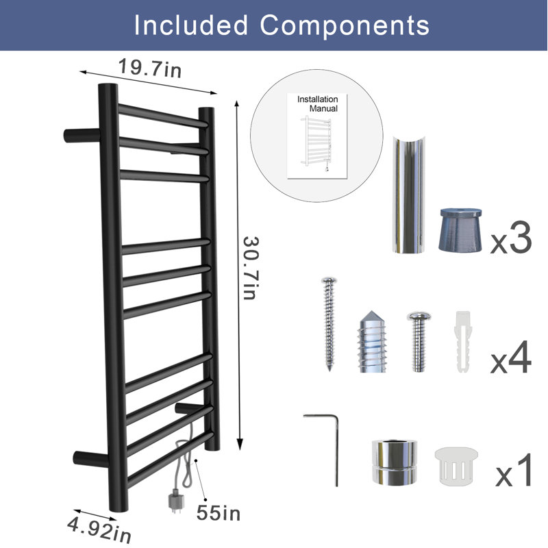 SÃ¨che-serviettes Ã©lectrique pour salle de bain, porte-serviettes chauffant avec minuterie, style noir classique, Noir