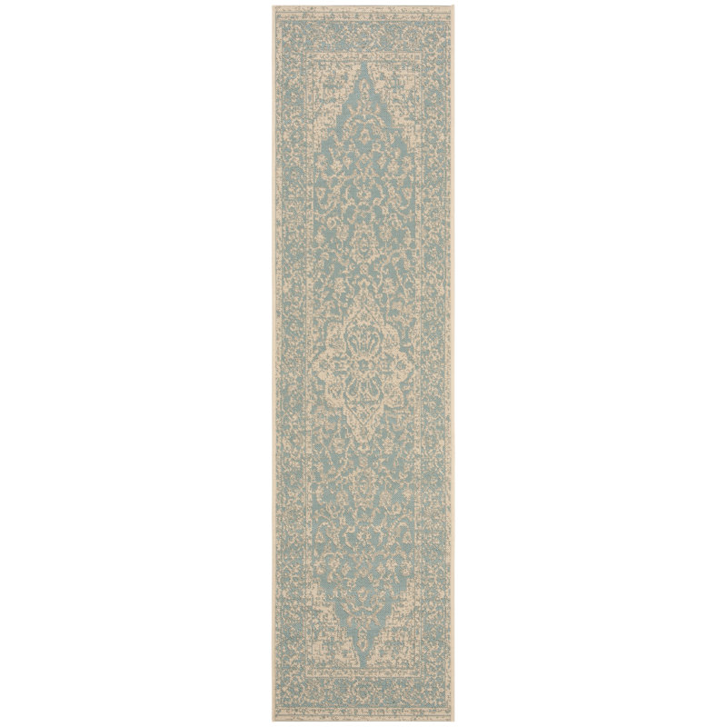 Tapis d'intérieur / extérieur à motif oriental turquoise / crème Danya, Tapis de couloir 2 pi 2 po x 12 pi