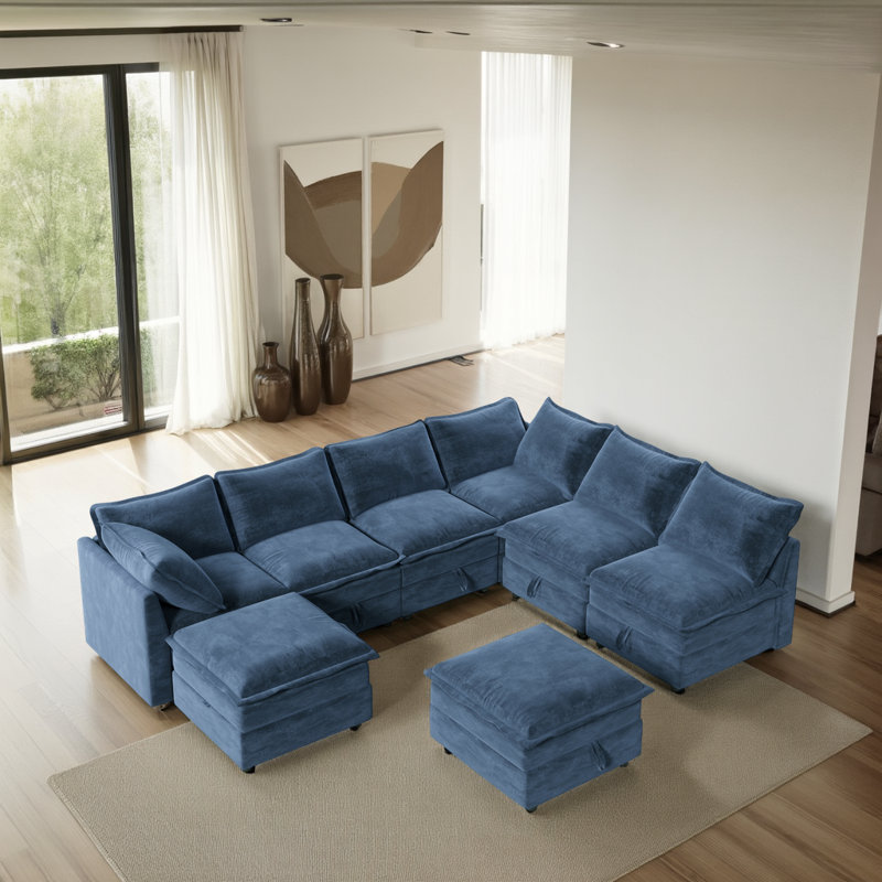 Canapé-lit modulaire 8 pièces avec rangement Mirod, Polyester bleu