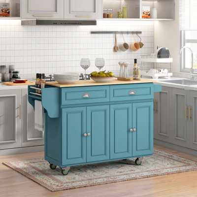 Rolling Kitchen Island Drop Leaf, Kitchen Cart On Wheels, Top Breakfast Nook With Storage Drawers, 4-Door Cabinets And Spice Rack by Lark Manor