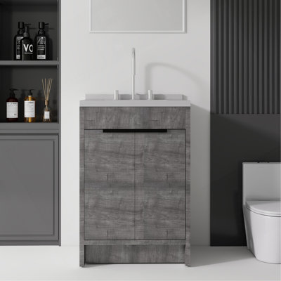 Meuble-lavabo autoportant de 61 cm avec lavabo, porte à fermeture amortie, comptoir et dosseret en marbre synthétique blanc de Carrare de 5 cm, contreplaqué