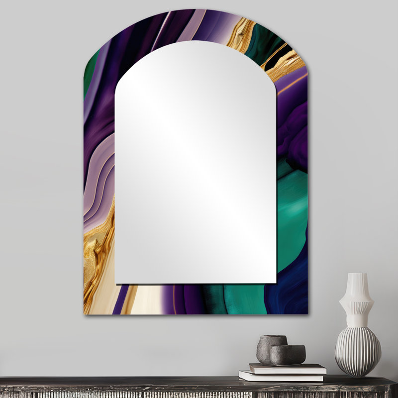 Mauve, vert et doré Bold Strokes II - miroir mural abstrait en arc, miroir décoratif asymétrique moderne, impression d'art en métal