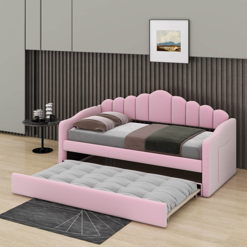 Twin Size Day Bed With Trundle Velvet Upholstered Sofabed Frame, USB Charging Ports