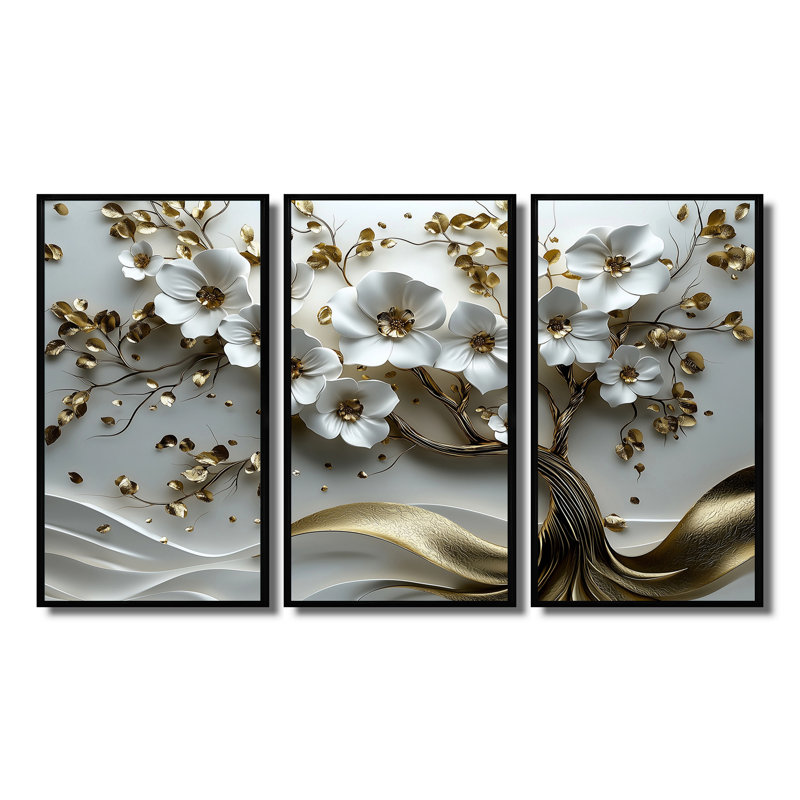 Ensemble de décorations murales cerisier blanc et or blanc I - Cherry Blossom, Black Floater Framed Canvas