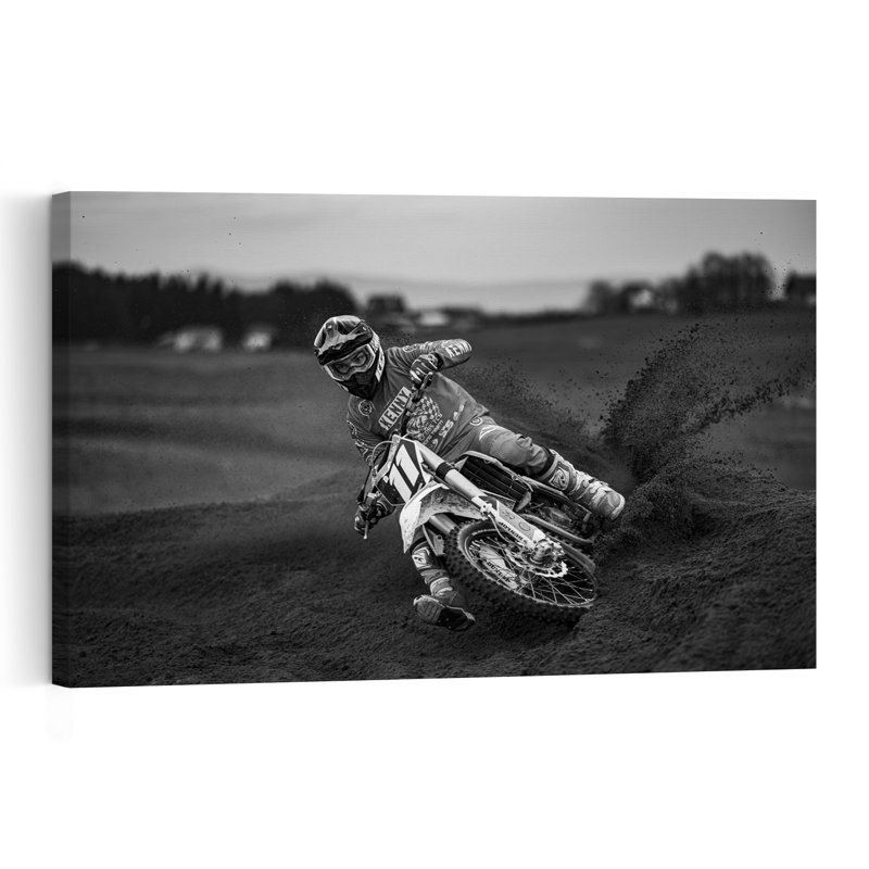 Motocross en virage, architecture contemporaine, impression d'art mural, H 16 po x l 24 po