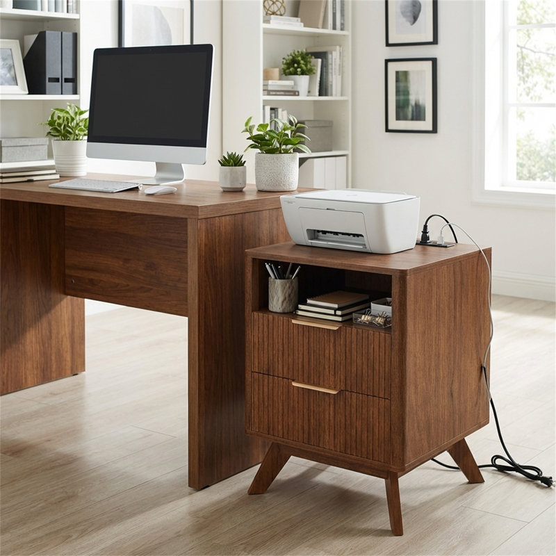 Modern Fluted Nightstand with Charging Station, Walnut