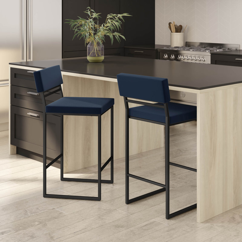 Tabouret de bar et de comptoir Abshir, Tabouret de comptoir (siège d'une hauteur de 26,7, Polyuréthane bleu, Noir