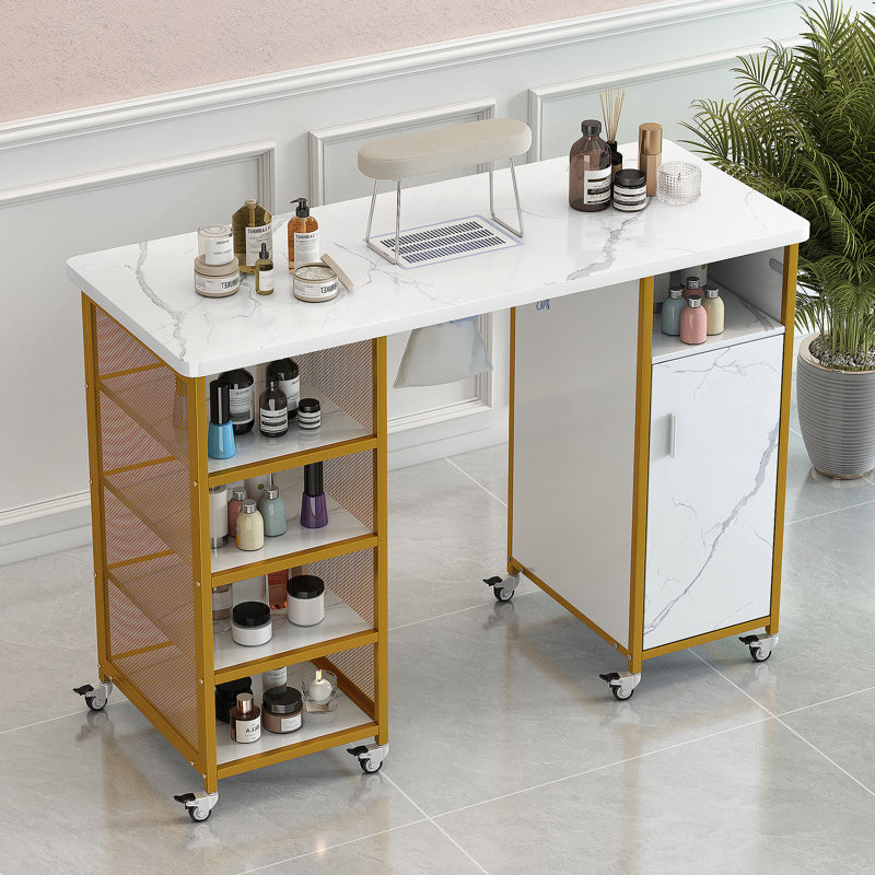 Manicure Table, Marbling Texture Nail Table With Electric Downdraft Vent,Wrist Cushion, Lockable Wheels, Storage Layers & Cabinet,White