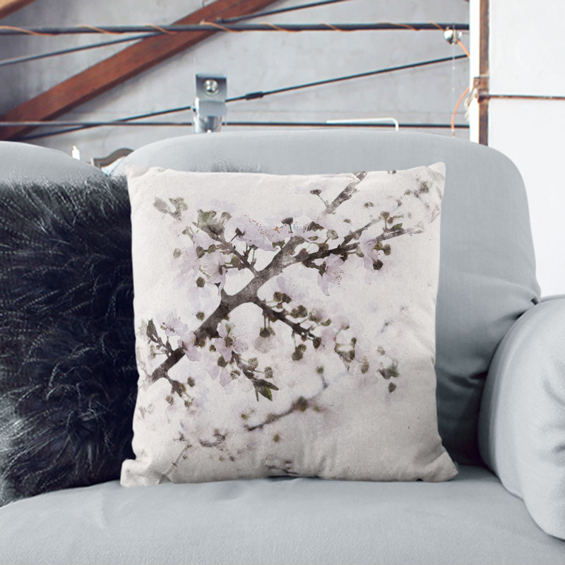Branch of a White Cherry Blossom Tree Cushion with Filling, Black, 40cm H x 40cm W x 15cm D